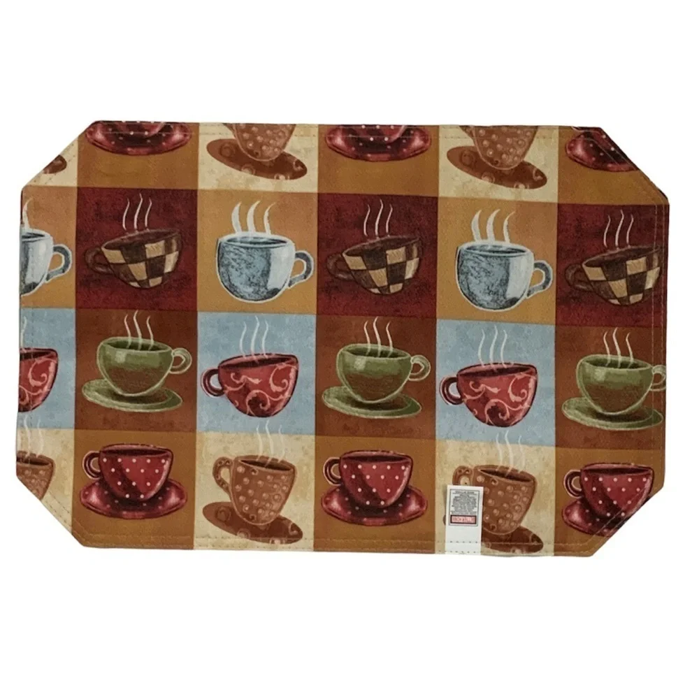 Coffee Time Placemats Printed Lined Reversible Retro Block Pattern Set of 4